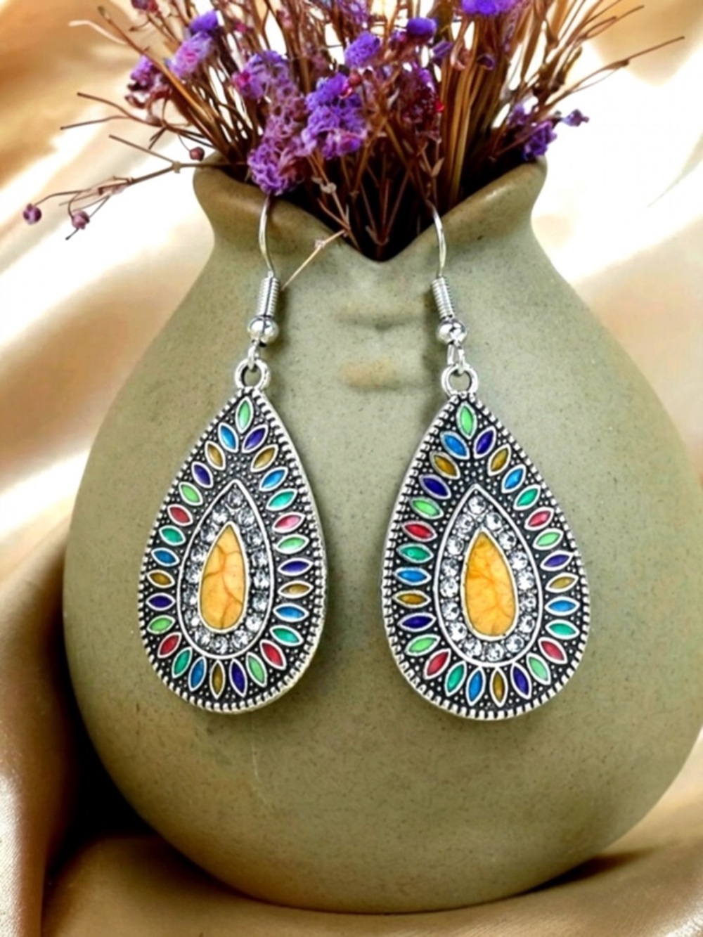BOHO Silver Earrings Rhinestone Earrings Silver Drop Earrings Teardrop Earrings - Picture 3 of 9
